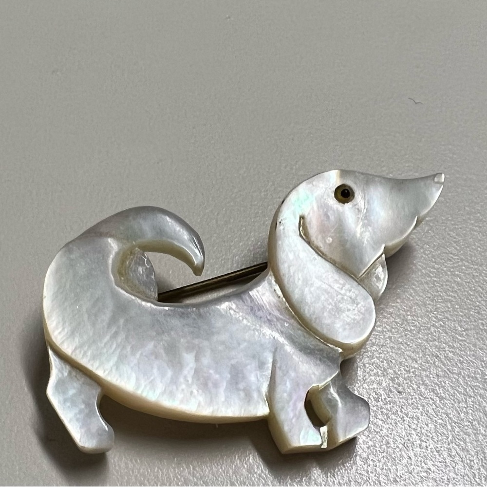 Vintage mother of pearl wiener dog pin Dachshund white